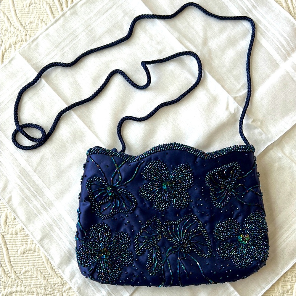 Navy Beaded Floral Crossbody Bag, never used, soft corded strap, beautiful shape